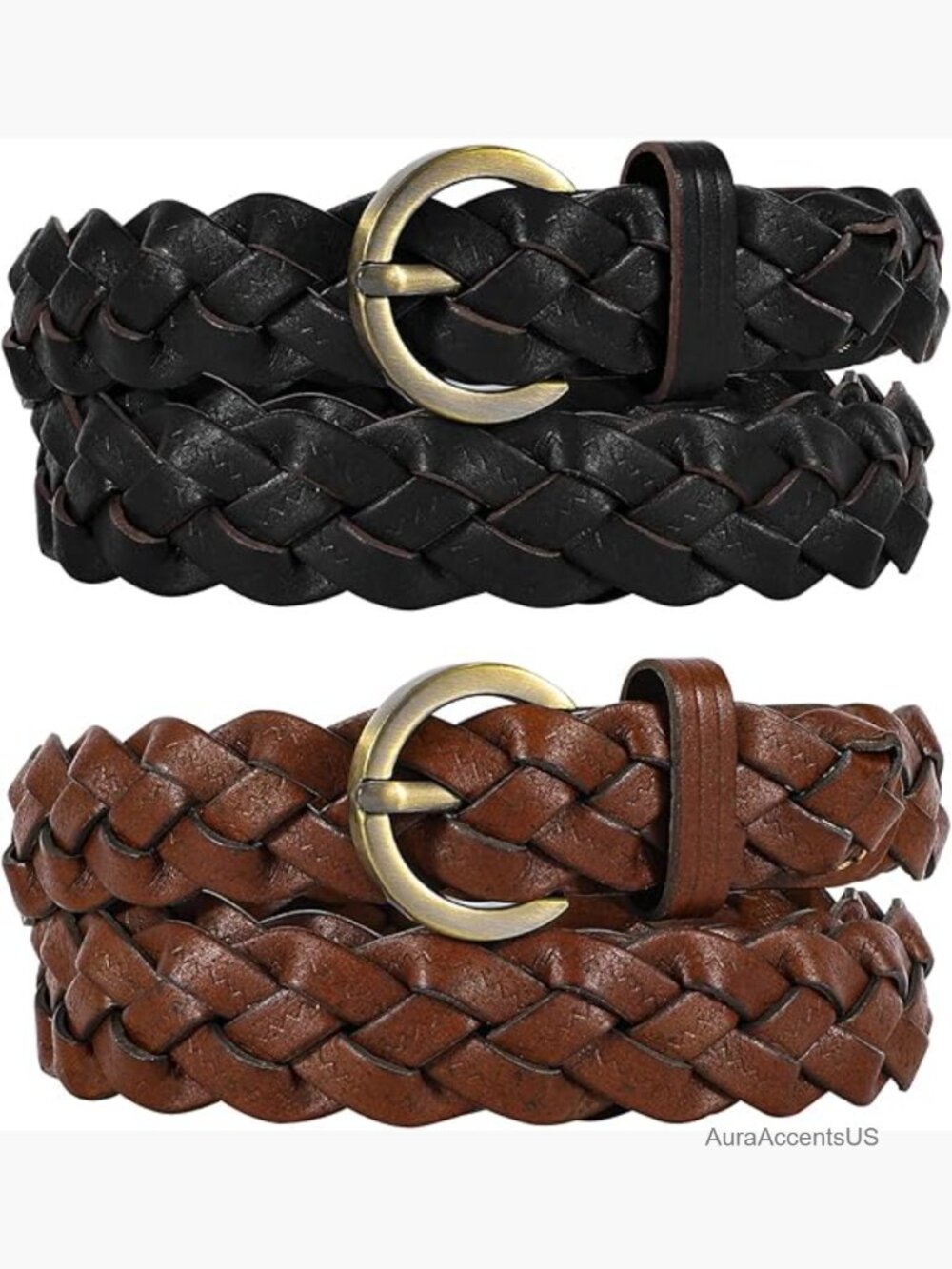 2-Pack Braided Leather Belts for Women Casual Woven 0.9"